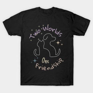 Two worlds, one friendship, white silhouettes of a dog and a cat against the background of colorful stars as a symbol of friendship between different personalities T-Shirt